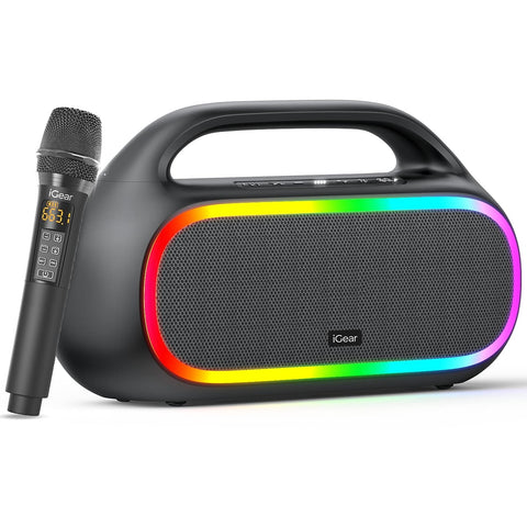 iGear Grape Karaoke Ready Portable Wireless Speaker with 70W Output, with Wireless Rechargeable MIC, RGB LED's, TWS Mode, Multi-Compatibility Modes, IPX6 Water Resistance, EQ Modes, with Type-C Charging